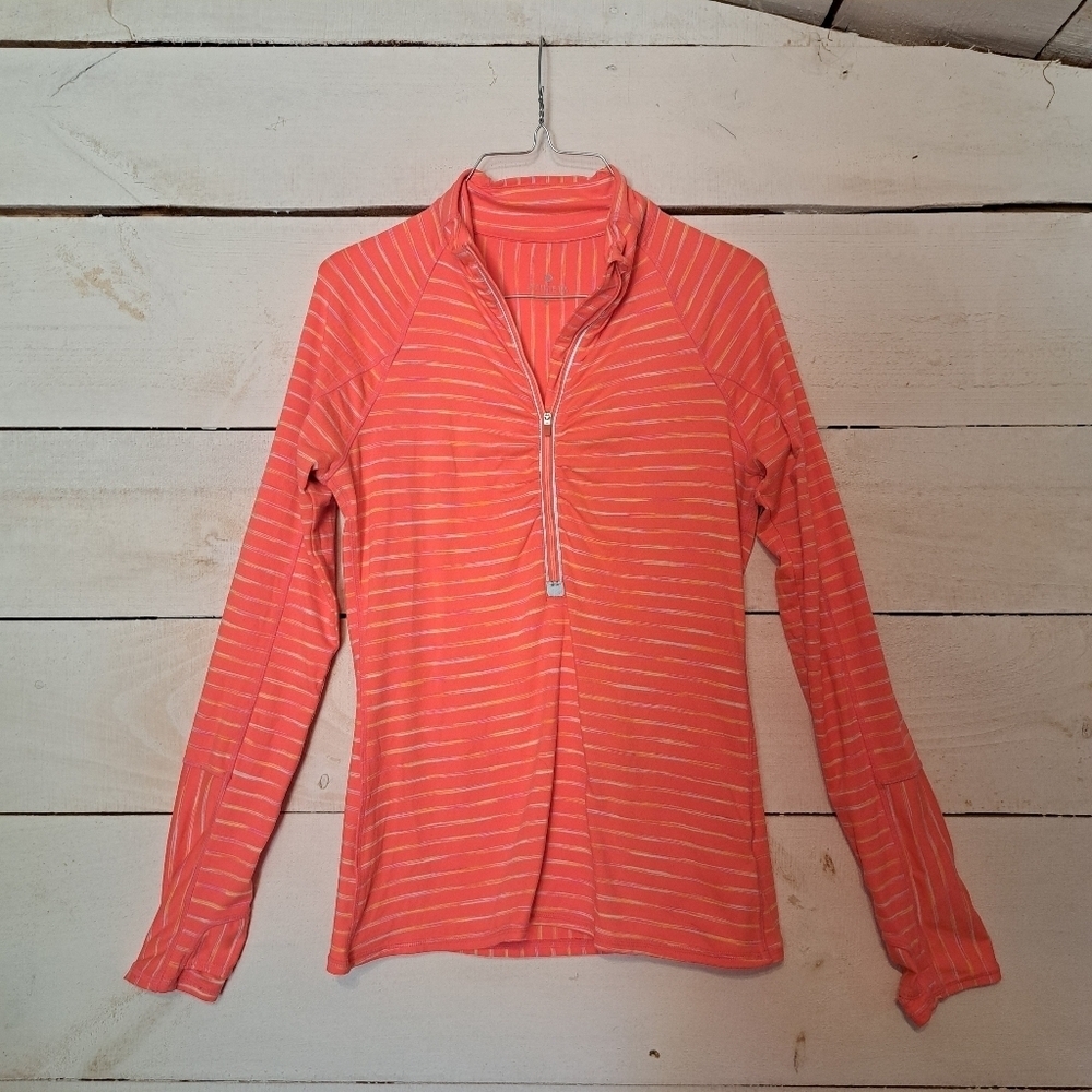 Women's Athleta Bright Orange Striped Jacket W/ Pocket, Thumb Holes Size Small